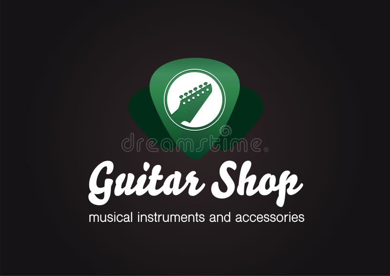 Logotipo da loja da guitarra Cabeça da guitarra em uma forma transparente verde do plectro ilustração stock Logotipo da loja da guitarra Cabeça da guitarra em uma forma transparente verde do plectro ilustração stock