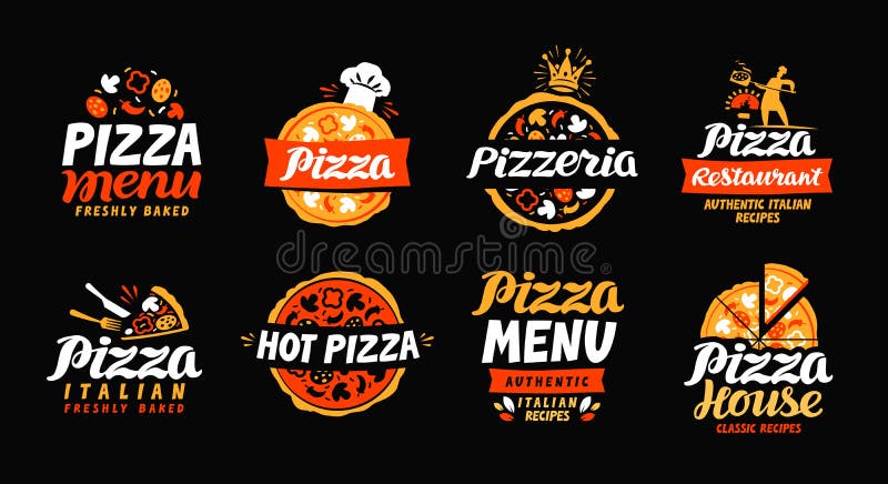 Logotipo da pizza As etiquetas da coleção para o menu projetam o restaurante ou a pizaria Ícones do vetor