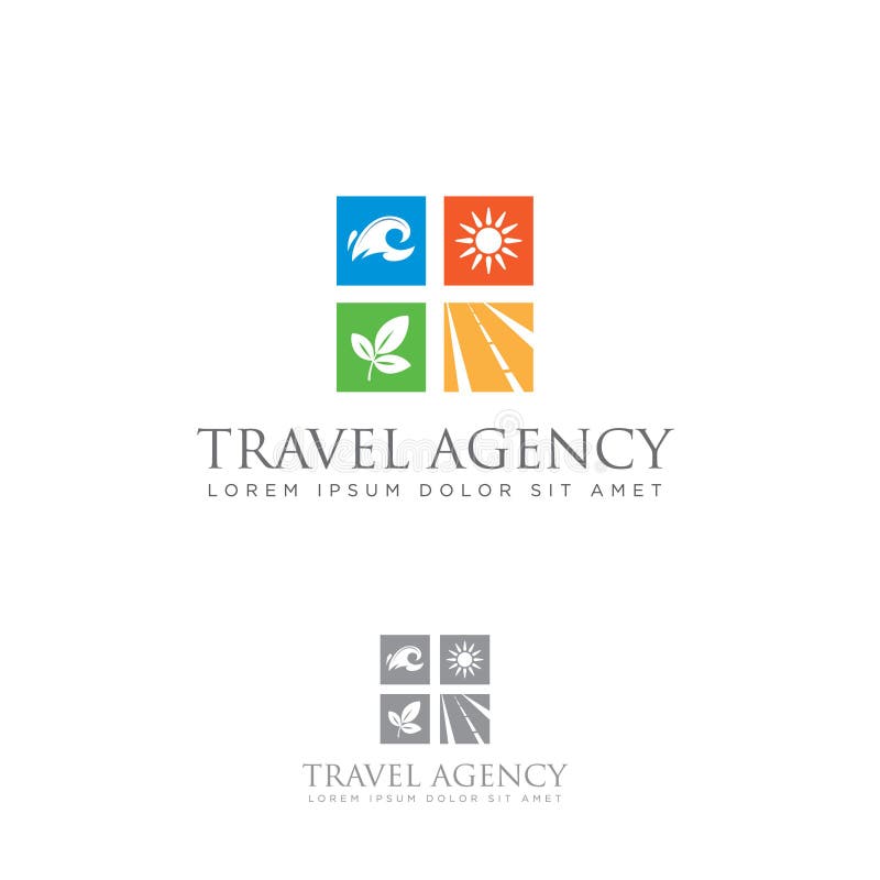 Logotipo de la agencia de viajes Icono del turismo Emblema del mar, del sol, del bosque y del camino ilustración del vector Logotipo de la agencia de viajes Icono del turismo Emblema del mar, del sol, del bosque y del camino ilustración del vector