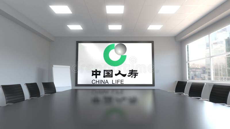 Logotipo de la compañía de seguros de China Life en la pantalla en una sala de reunión Animación editorial 3D