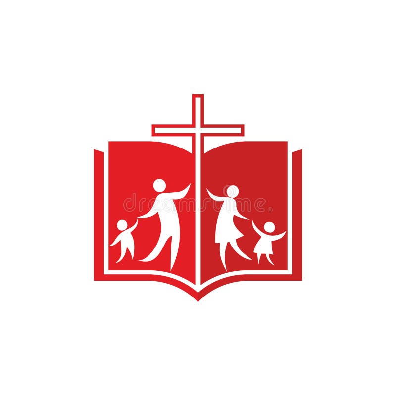 Logotipo de la iglesia La cruz de Jesús, de la biblia abierta y de la familia de creyentes en el señor stock de ilustración Logotipo de la iglesia La cruz de Jesús, de la biblia abierta y de la familia de creyentes en el señor stock de ilustración