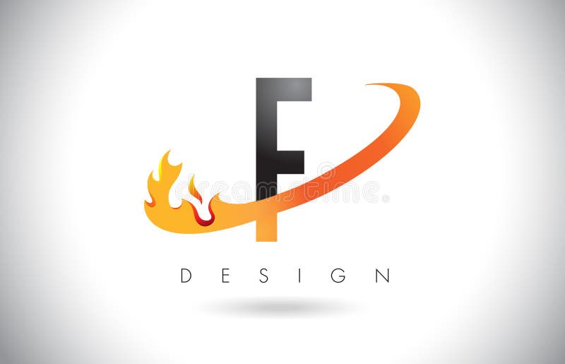 Logotipo de la letra de F con las llamas diseño del fuego y la naranja Swoosh stock de ilustración Logotipo de la letra de F con las llamas diseño del fuego y la naranja Swoosh stock de ilustración