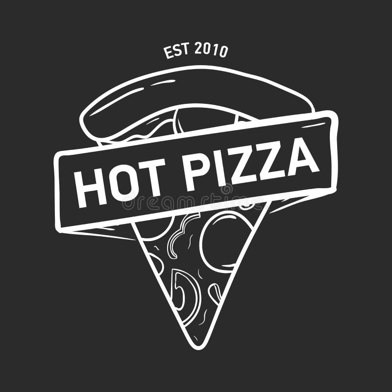 Logotipo de moda con la rebanada de la pizza y mano de la cinta, de la cinta o de la tira dibujada con las líneas de contorno en libre illustration Logotipo de moda con la rebanada de la pizza y mano de la cinta, de la cinta o de la tira dibujada con las líneas de contorno en libre illustration