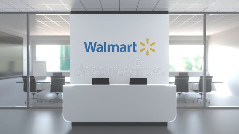 Logotipo de WALMART, INC numa parede do escritório moderno, renderização em 3D editorial