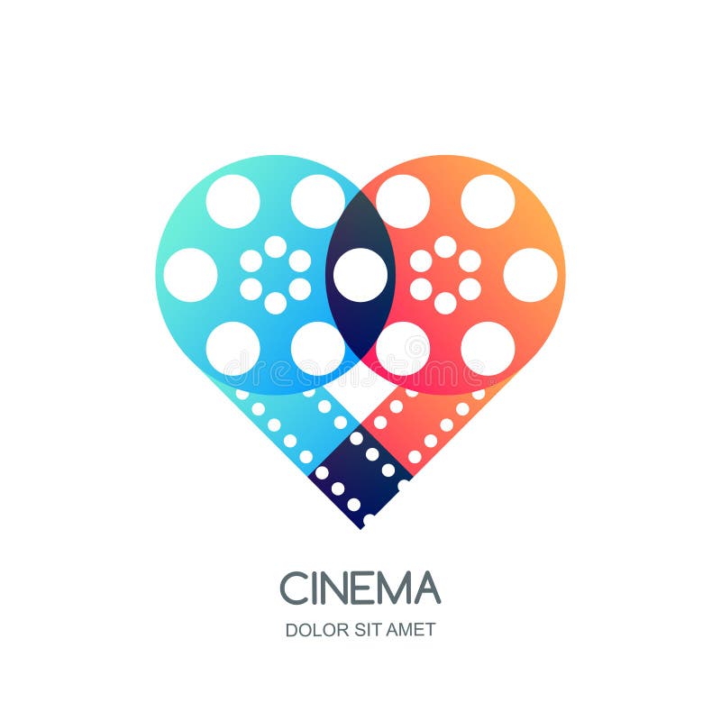 Logotipo del festival del cine, icono, diseño del emblema El rollo de película y la tira de película traslapados en corazón forma