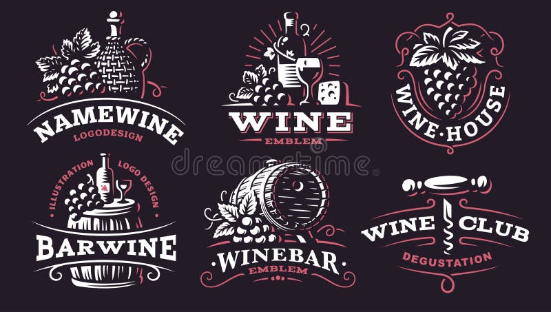 Logotipo determinado del vino - vector los ejemplos, emblemas en fondo oscuro libre illustration Logotipo determinado del vino - vector los ejemplos, emblemas en fondo oscuro libre illustration