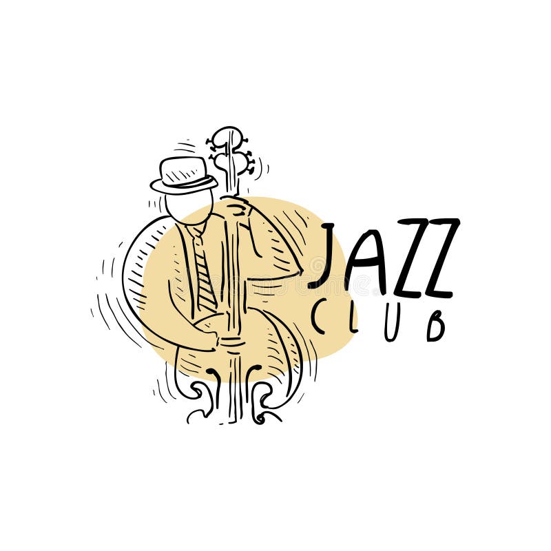 Logotipo do clube de jazz, etiqueta da música do vintage com o saxofonista que joga o saxofone, elemento para o inseto, cartão, f ilustração royalty free Logotipo do clube de jazz, etiqueta da música do vintage com o saxofonista que joga o saxofone, elemento para o inseto, cartão, f ilustração royalty free