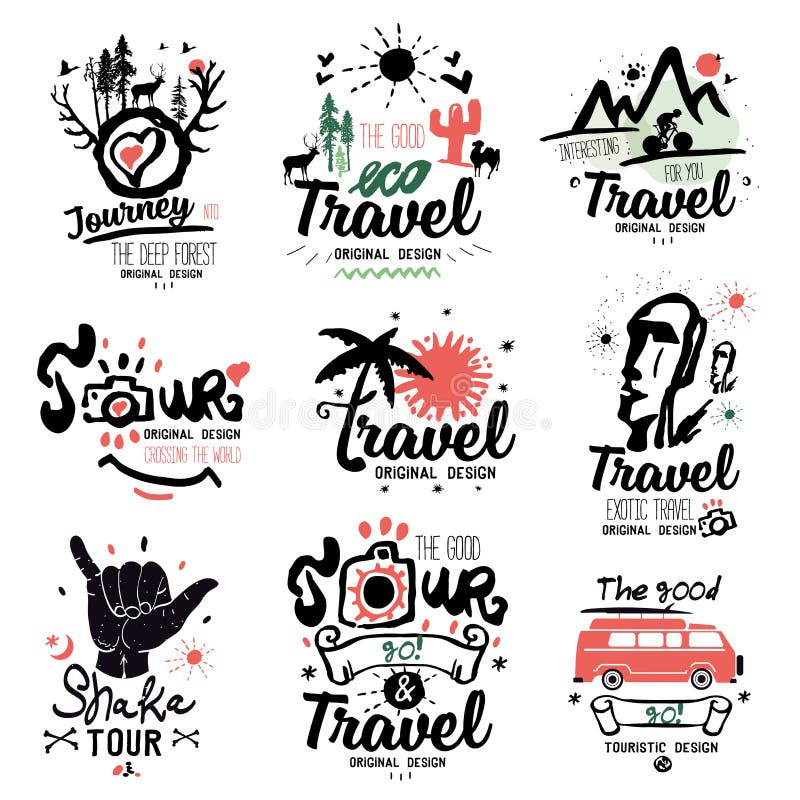 Logotipo do curso Logotipo da excursão Logotipo feito a mão do turista Sinal exótico das férias de verão, ícone