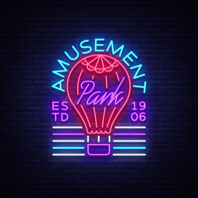 Logotipo do parque de diversões no estilo de néon Molde do projeto com um balão Sinal de néon, bandeira clara, elemento do projet ilustração stock Logotipo do parque de diversões no estilo de néon Molde do projeto com um balão Sinal de néon, bandeira clara, elemento do projet ilustração stock