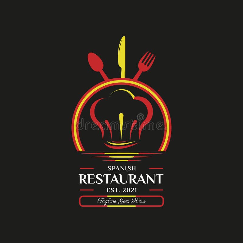 Logotipo Do Restaurante Alimentar Espanhol. Símbolo De Bandeira De Espanha  Com Garfo De Colher E ícones De Cabeça De Chef. Logótip Ilustração do Vetor  - Ilustração de placa, cafeteria: 228322863