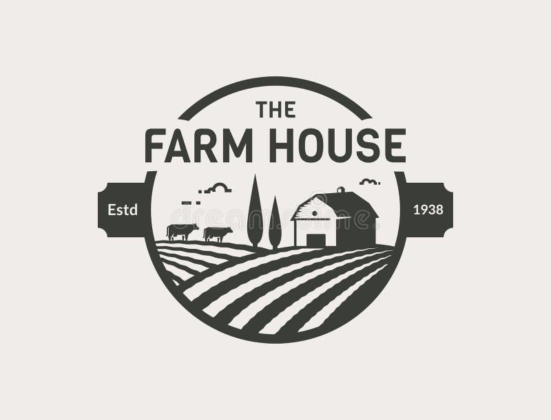 Logotipo do vetor da casa da exploração agrícola com celeiro, vacas e campos