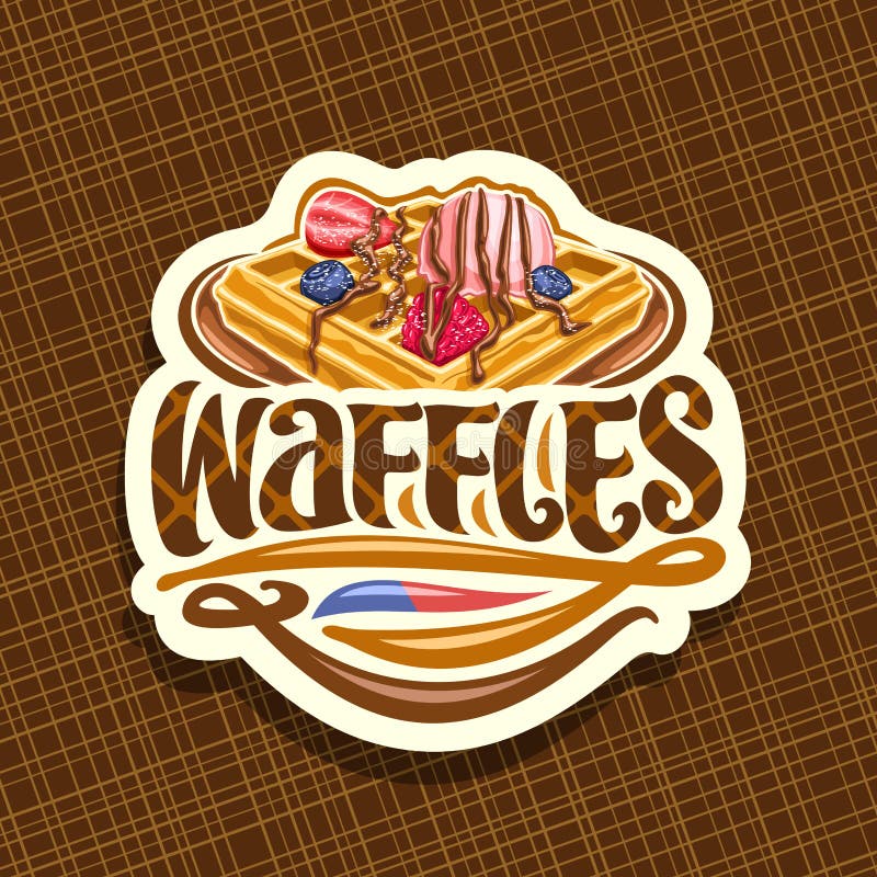Vector logo for Belgian Waffles, white decorative tag with traditional square pancake, fresh berries and ice cream, original lettering for word waffles, signboard with illustration for belgium cafe. Vector logo for Belgian Waffles, white decorative tag with traditional square pancake, fresh berries and ice cream, original lettering for word waffles, signboard with illustration for belgium cafe