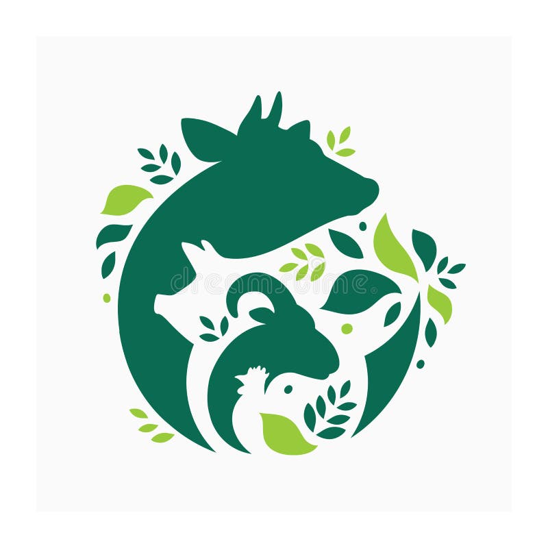 Vector illustration with cow, pig, goat and chicken.  Livestock pattern with farm animals and leaves. Green logo for agricultural company. Vector illustration with cow, pig, goat and chicken.  Livestock pattern with farm animals and leaves. Green logo for agricultural company