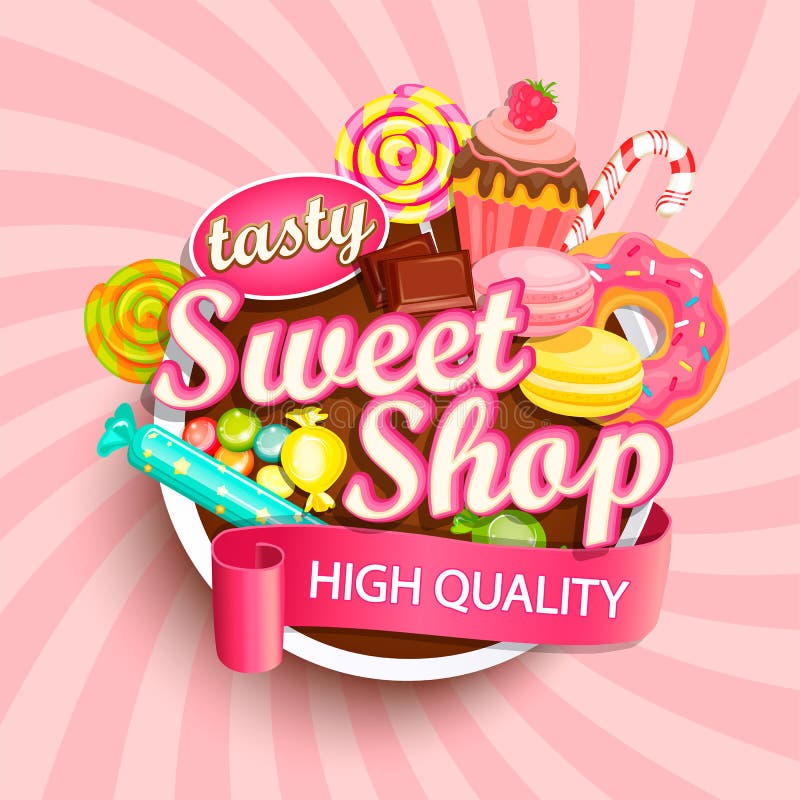 Logotipo, etiqueta o emblema dulce de la tienda stock de ilustración Logotipo, etiqueta o emblema dulce de la tienda stock de ilustración