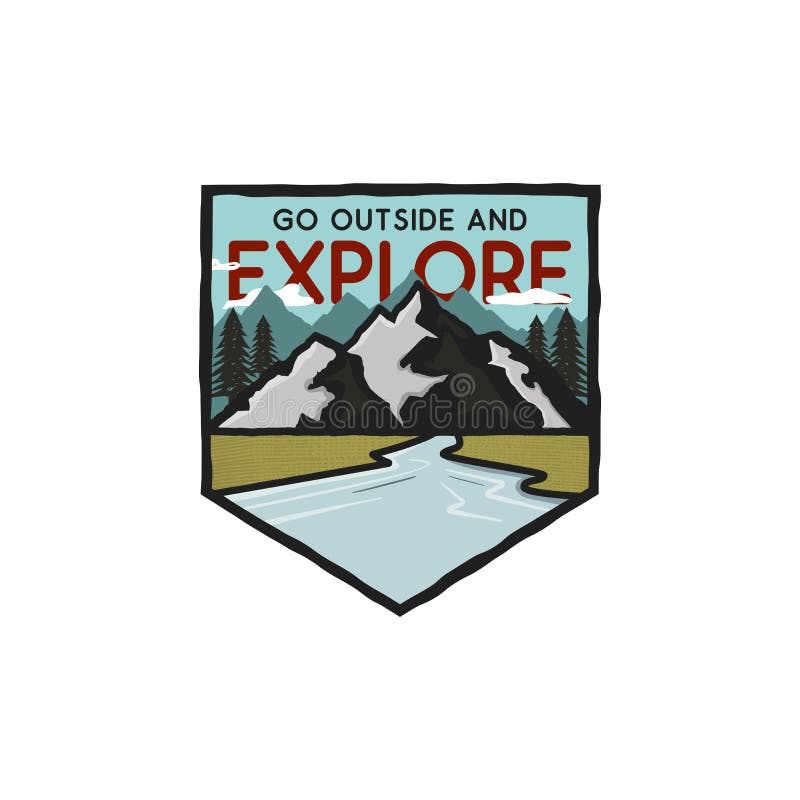 Logotipo exhausto de la aventura de la mano del vintage con las montañas, río y cita - vaya afuera y explore Aventura del aire li