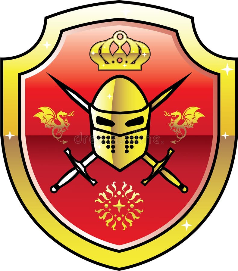 Logotipo real do cavaleiro da brasão no protetor com vetor dourado das espadas ilustração do vetor Logotipo real do cavaleiro da brasão no protetor com vetor dourado das espadas ilustração do vetor