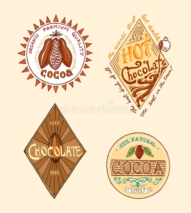 Logotipos del cacao y del chocolate caliente insignias modernas del vintage para el menú de la tienda Ilustración del vector esti stock de ilustración Logotipos del cacao y del chocolate caliente insignias modernas del vintage para el menú de la tienda Ilustración del vector esti stock de ilustración