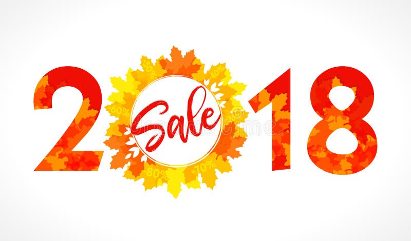 Happy sale 2018 logotype. Bright coloured digits with set of percent % off, buy just now in yellow harvest leaves. Abstract isolated graphic label template. Decorating celebrating poster. Price emblem for thanksgiving day festival with -50% -30% -40% -60% -70% -80% % off. Happy sale 2018 logotype. Bright coloured digits with set of percent % off, buy just now in yellow harvest leaves. Abstract isolated graphic label template. Decorating celebrating poster. Price emblem for thanksgiving day festival with -50% -30% -40% -60% -70% -80% % off