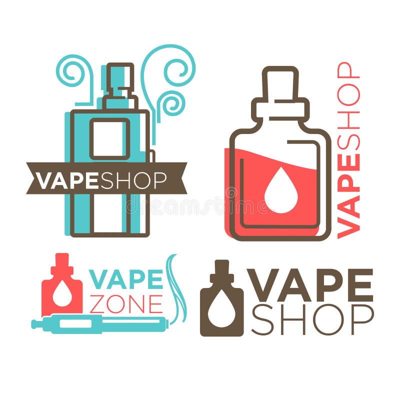 Logotypes da loja de Vape na ilustração lisa branca do vetor ilustração do vetor Logotypes da loja de Vape na ilustração lisa branca do vetor ilustração do vetor