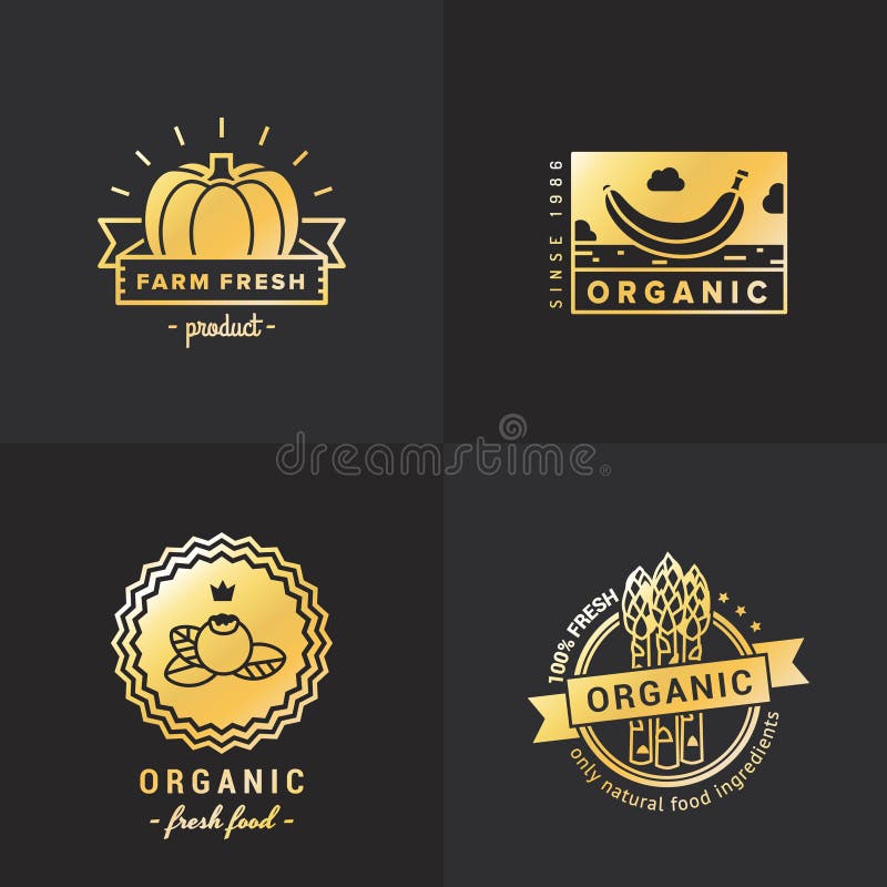 Logoweinlese-Vektorsatz des biologischen Lebensmittels Gold Teil sieben vektor abbildung Logoweinlese-Vektorsatz des biologischen Lebensmittels Gold Teil sieben vektor abbildung