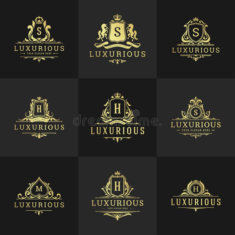 Logoxury vintage ornament-logotypen monogram crest-mallar design set vetor illustration stock illustrationer