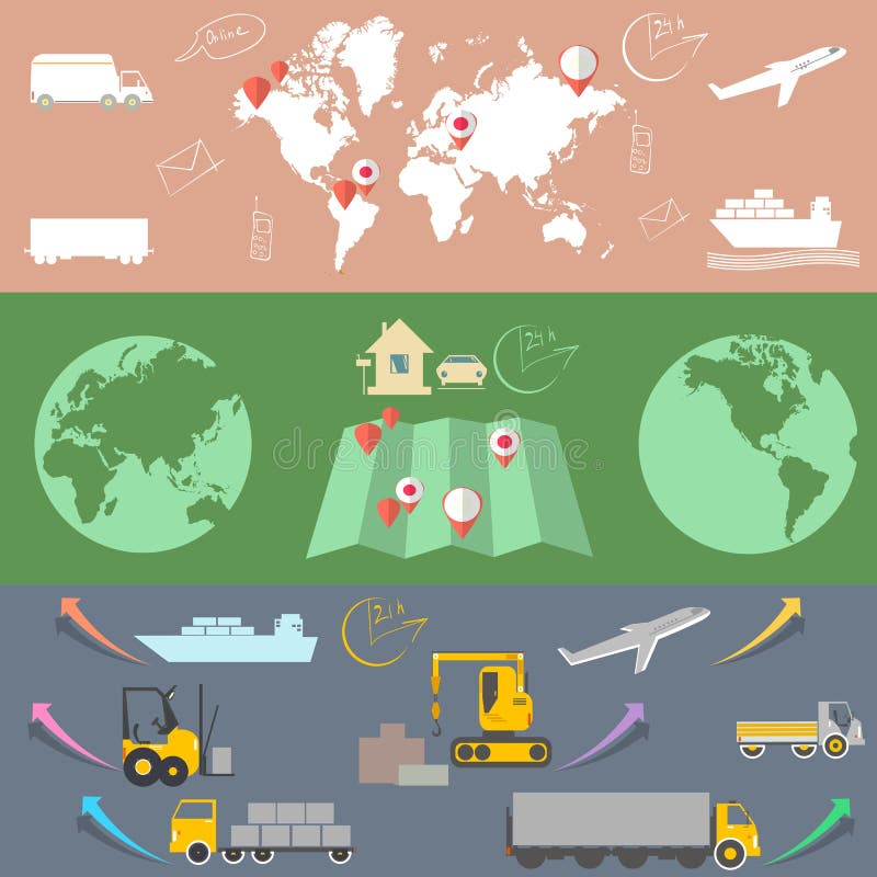 Logístico y transporte, banderas planas del concepto logístico ilustración del vector Logístico y transporte, banderas planas del concepto logístico ilustración del vector