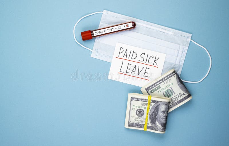 Lohnfortzahlung mit einer medizinischen Maske und einem Geld auf einem blauen Hintergrund