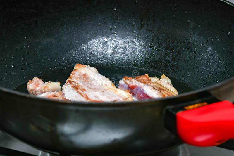 The Loin of Pork Tenderloin is Fried in a Pan Stock Photo - Image of ...