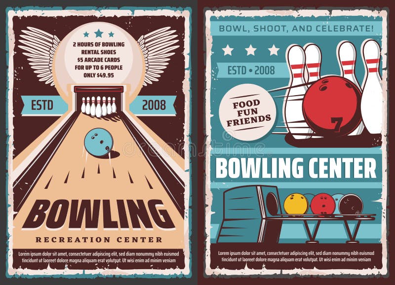 Bowling center, vector vintage retro posters, entertainment games and leisure sport. Bowling ball and pin on lane in strike, premium quality entertainment club. Bowling center, vector vintage retro posters, entertainment games and leisure sport. Bowling ball and pin on lane in strike, premium quality entertainment club