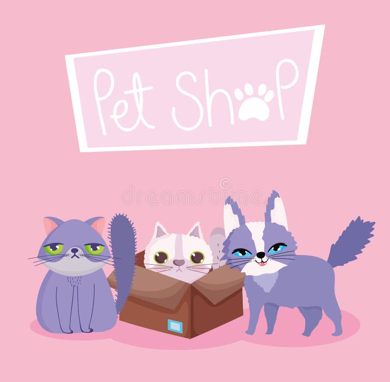 Pet shop, gatinhos fofinhos com lata de peixe e biscoitos animal desenho  doméstico