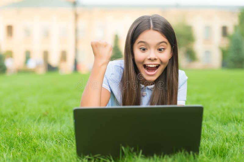 Garota Feliz Sentada Na Grama Verde Com Laptop. Iniciar. Jogo De Computador  Infantil. De Volta à Escola. Educação Online Imagem de Stock - Imagem de  laptop, surpreendido: 196903861