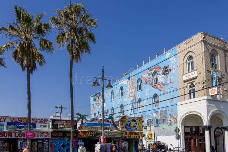 retail stores, surfing lessons and bike rentals and restaurants, a beautiful wall mural, tall green palm trees, people walking and blue sky in Venice California USA. retail stores, surfing lessons and bike rentals and restaurants, a beautiful wall mural, tall green palm trees, people walking and blue sky in Venice California USA