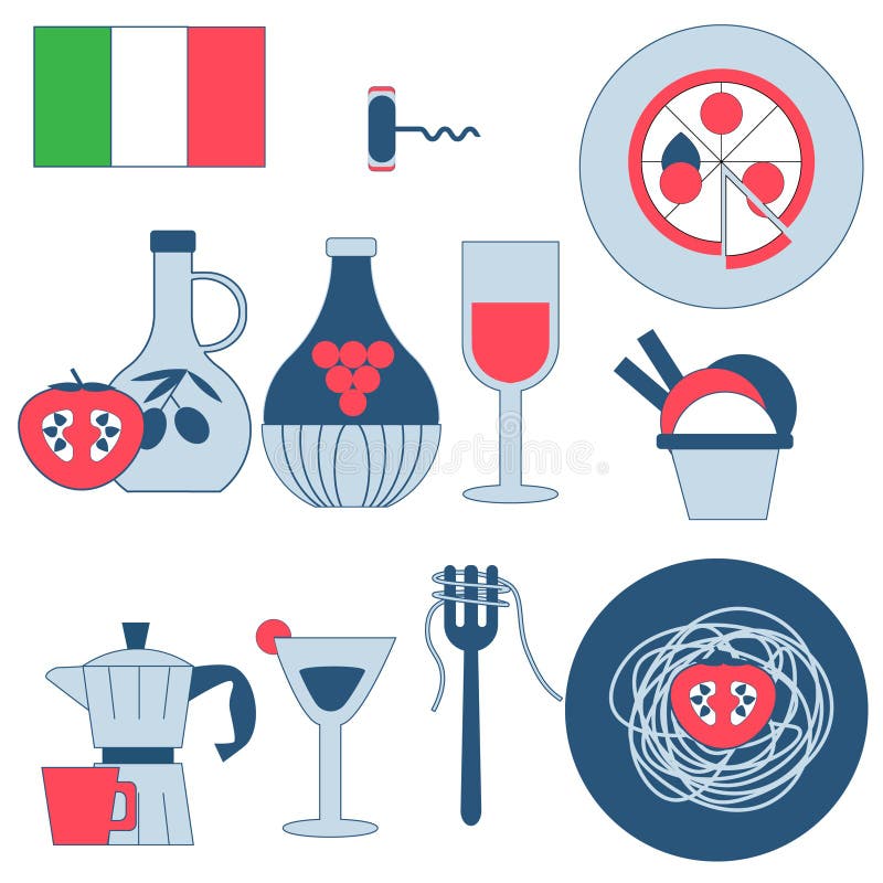 Lokale Kulturikonen - Italien Traditionelle italienische Kücheikonen, mit Pizza, Spaghettis mit Gabel, Olivenölflasche, Eiscreme vektor abbildung Lokale Kulturikonen - Italien Traditionelle italienische Kücheikonen, mit Pizza, Spaghettis mit Gabel, Olivenölflasche, Eiscreme vektor abbildung