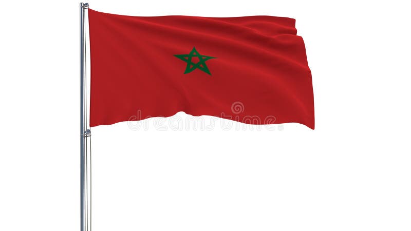 Lokalisieren Sie Flagge von Marokko auf einem Fahnenmast, der im Wind auf einem weißen Hintergrund, Wiedergabe 3d flattert lizenzfreies stockfoto Lokalisieren Sie Flagge von Marokko auf einem Fahnenmast, der im Wind auf einem weißen Hintergrund, Wiedergabe 3d flattert lizenzfreies stockfoto