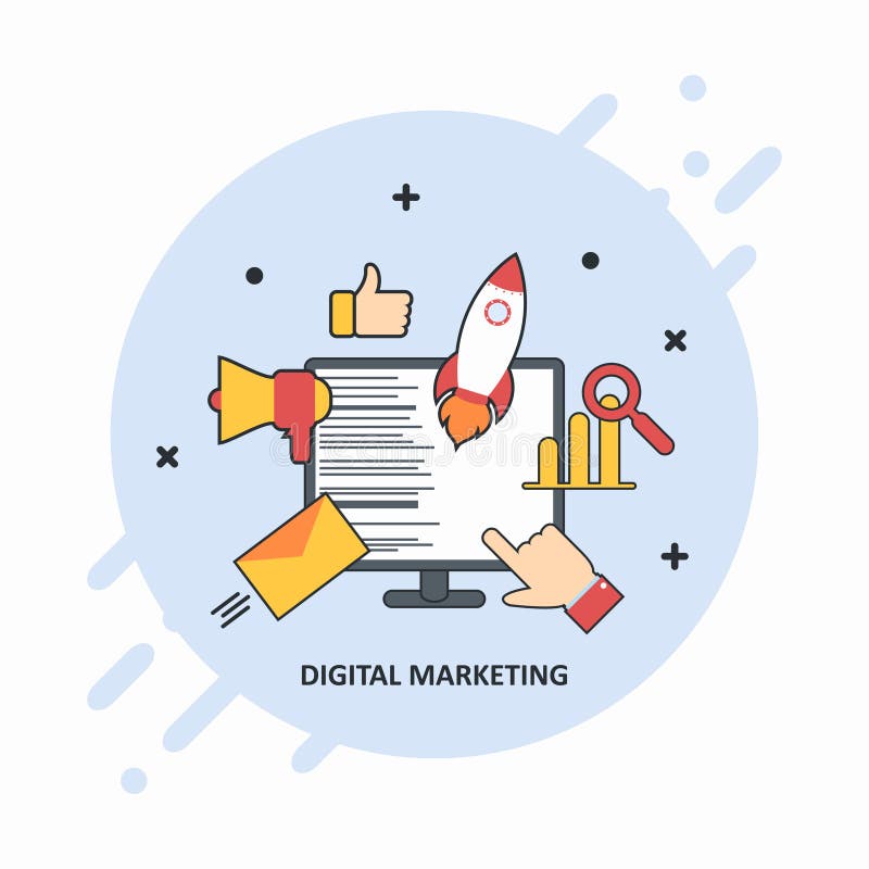 Lokalisiert auf stilvollem Türkishintergrund Flache Illustration der digitalen Medienagentur mit Geschäftsikonen lizenzfreie abbildung Lokalisiert auf stilvollem Türkishintergrund Flache Illustration der digitalen Medienagentur mit Geschäftsikonen lizenzfreie abbildung