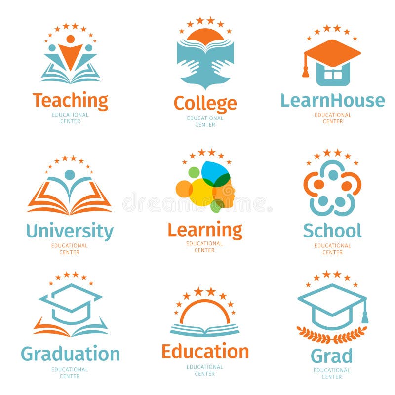 Lokalisierte abstrakte bunte Bildung und lernen Logosatz, Universität und Schulbücher, graduierte Hüte und Mensch lizenzfreie abbildung Lokalisierte abstrakte bunte Bildung und lernen Logosatz, Universität und Schulbücher, graduierte Hüte und Mensch lizenzfreie abbildung