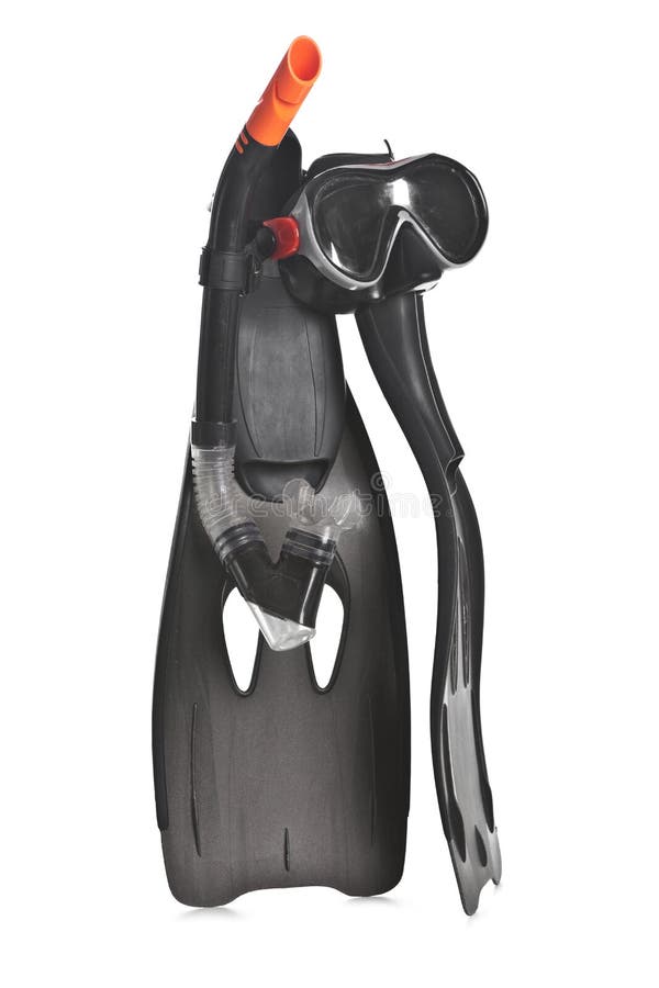 Lokalisierte schwarze Flossen, Schnorchel und Maske benutzt für das Schnorcheln und d stockfotografie Lokalisierte schwarze Flossen, Schnorchel und Maske benutzt für das Schnorcheln und d stockfotografie