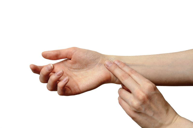 Lokalisierte weibliche Hand, zum des Impulses zu messen lizenzfreies stockfoto Lokalisierte weibliche Hand, zum des Impulses zu messen lizenzfreies stockfoto