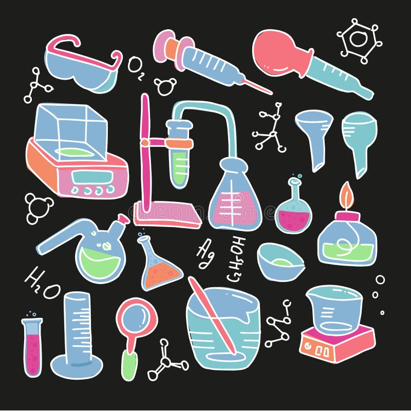 Lokalisierten die gezogenen Ikonen der Chemie dekorative Farbhand, diemit chemisches Laborwissenschaftlicher Experimentausrüstung lizenzfreie abbildung Lokalisierten die gezogenen Ikonen der Chemie dekorative Farbhand, diemit chemisches Laborwissenschaftlicher Experimentausrüstung lizenzfreie abbildung