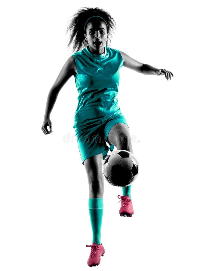 Lokalisiertes Schattenbild des Jugendlichmädchen-Fußballspielers stockfotografie Lokalisiertes Schattenbild des Jugendlichmädchen-Fußballspielers stockfotografie