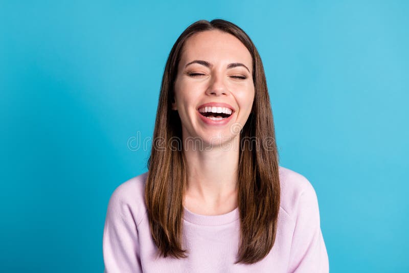 LOL. Closeup photo funny pretty lady straight hairdo listen boyfriend jokes good mood laughing out loud eyes closed wear royalty free stock images