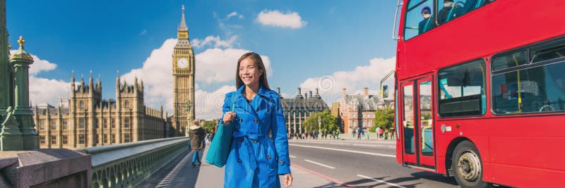 London Big Ben city lifestyle woman walking banner. Urban businesswoman going to work on Westminster bridge with red bus double decker background. Europe destination, England, Great Britain.