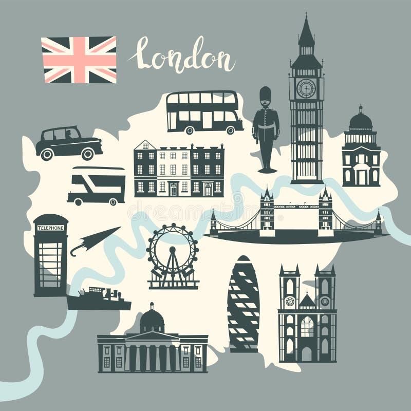 London-Bildkartevektor Skylineschattenbild Illustration, graue Farbe lizenzfreie abbildung London-Bildkartevektor Skylineschattenbild Illustration, graue Farbe lizenzfreie abbildung