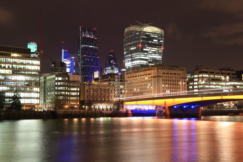 London Bridge and the City of London at Night Stock Image - Image of ...