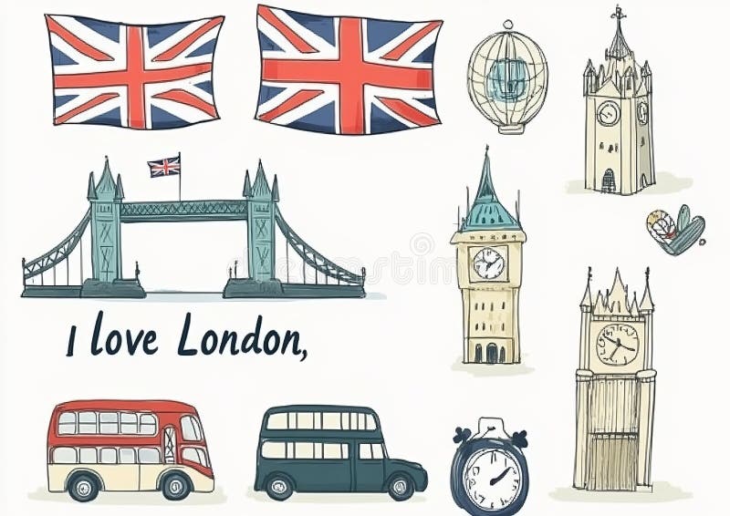 London city doodles. jeu à main comprenant le pont de la tour couronne grand ben royal guard rouge bus noir cab uk map photo stock