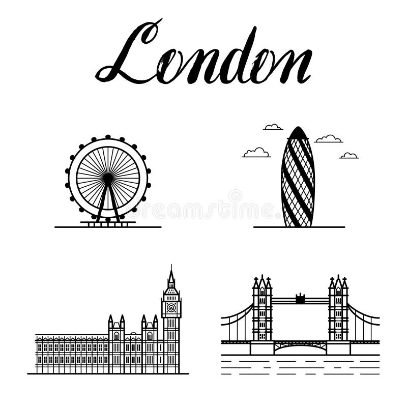 London City Line Art Big Ben Building Illustration with Modern ...