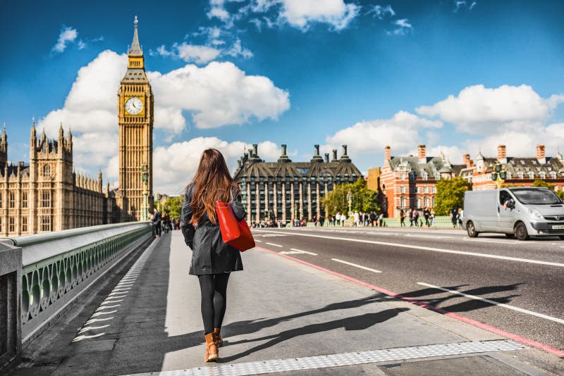 London city urban lifestyle tourist woman walking. Businesswoman commuting going to work on Westminster bridge street