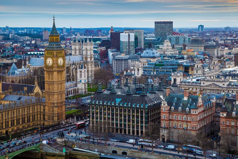 London, England - Aerial skyline view of the famous Big Ben with Houses of Parliament