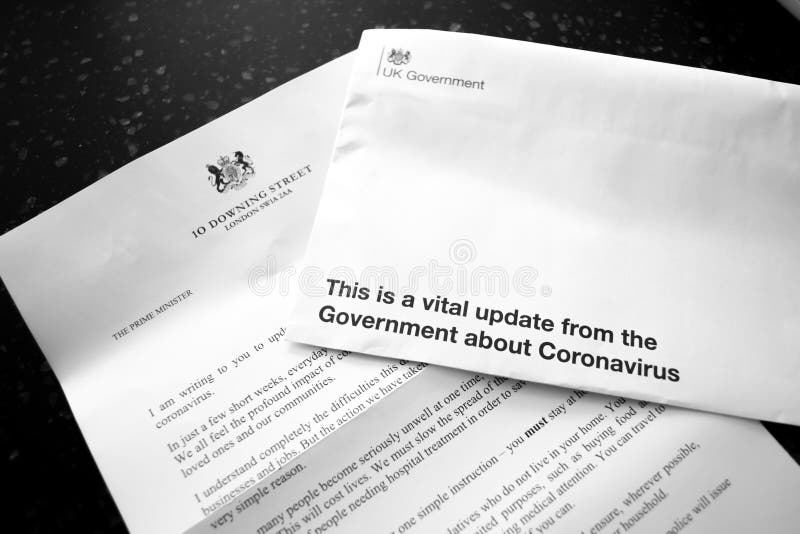 LONDON/ENGLAND â€“ APRIL 6th 2020: A letter from the Prime Minister Boris Johnson during 2020 Coronavirus pandemic