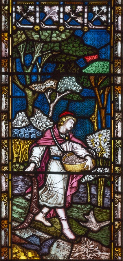 LONDON, GREAT BRITAIN - SEPTEMBER 19, 2017: The Parable of the Sower on the stained glass in St Mary Abbot`s church